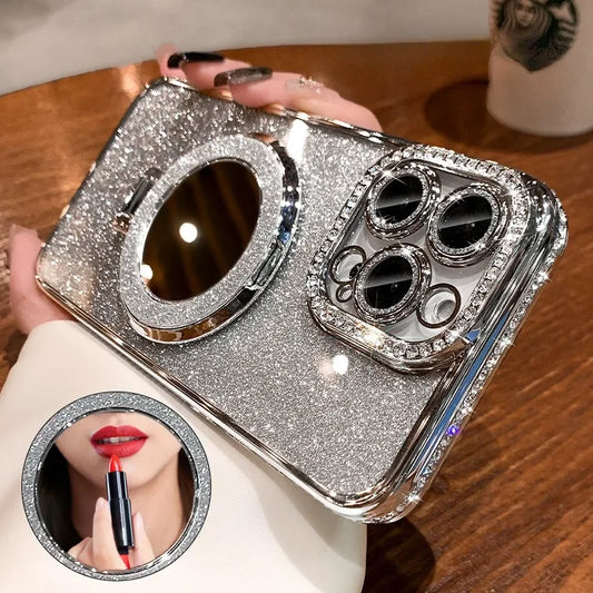 Mirror Magnetic Phone Holder Stand Soft Cover Luxury Diamond Clear Glitter Magsafe Case For iPhone 16 14 13 12 11 Pro Max Plus