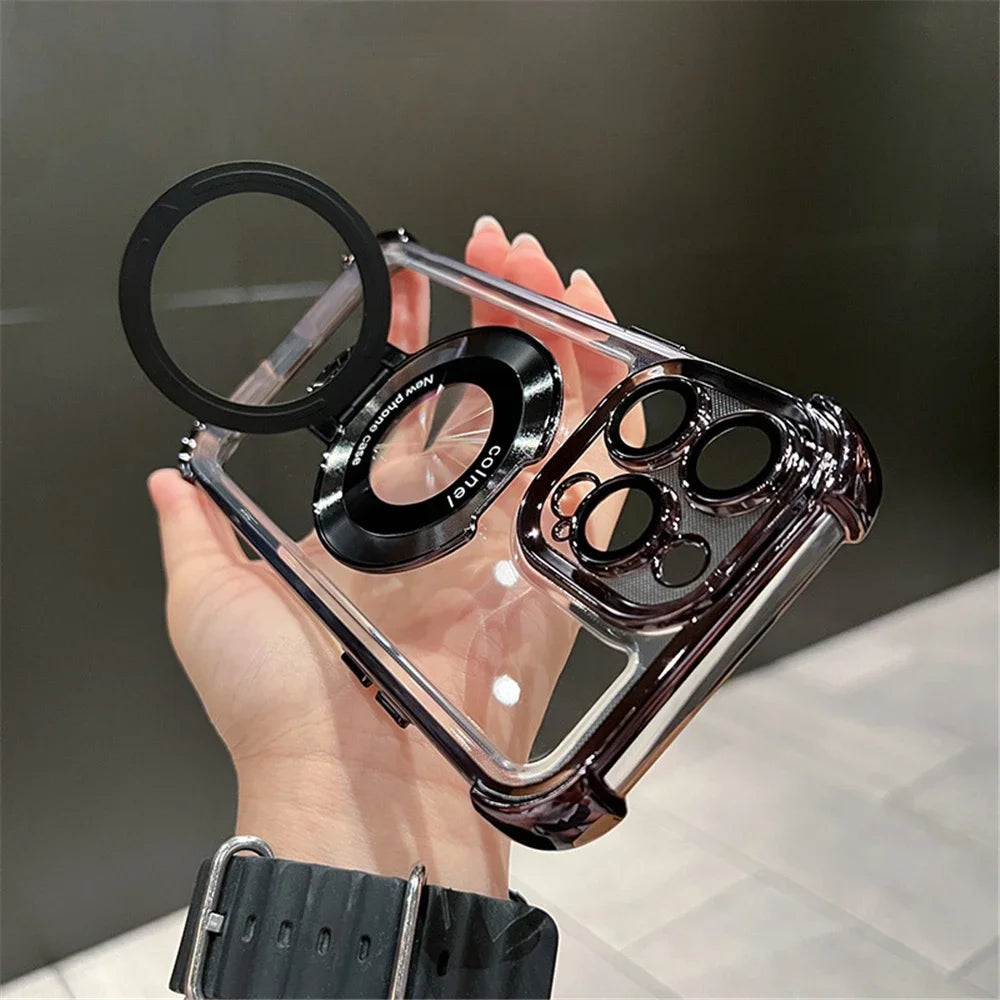 Luxury Plating Shockproof Magnetic Bracket for Magsafe Clear Case for iPhone With Holder Stand Cover - (KR1007)