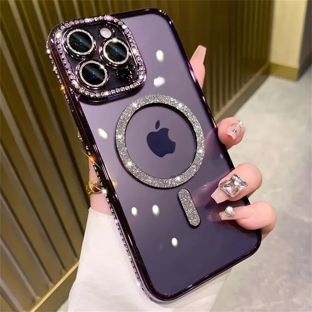 2024 New Fashion Glitter Diamond Transparent Case For iPhone 16 15 14 Plus Pro Max Magnetic Wireless Charge Back Cover - (KR1001)