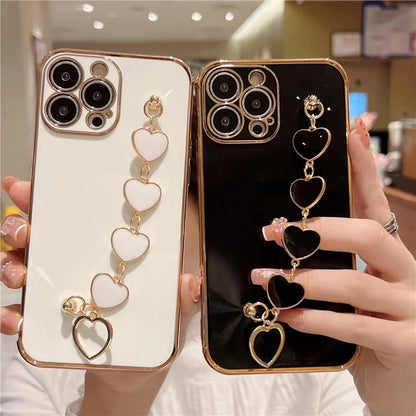 Funda con cadena y pulsera con forma de corazón chapado a la moda para iPhone 14, 15, 16 Pro Max Plus, funda a prueba de golpes