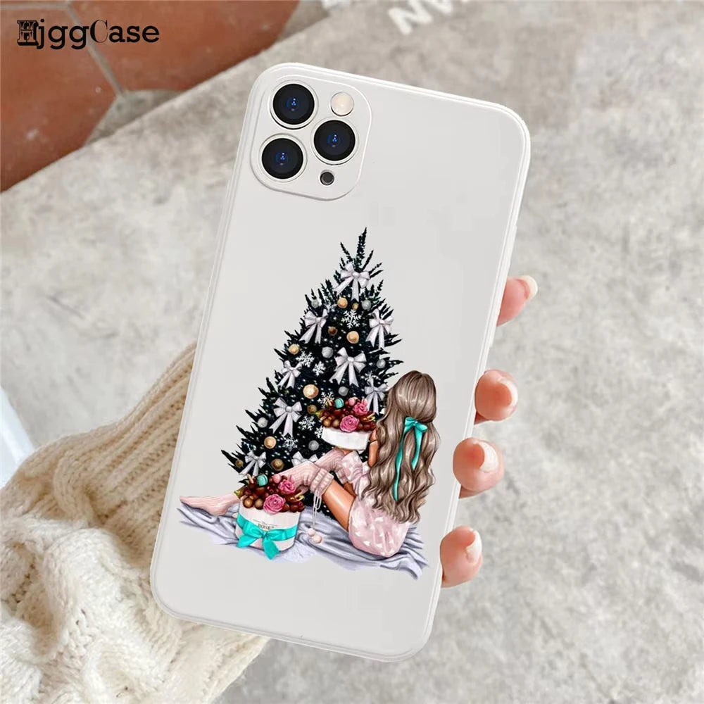 Merry Christmas White Soft Phone Case For iPhone 11 12 13 14 Pro Max XR XS 12mini 8 7 Plus Santa Claus Christmas Tree Elk Cover