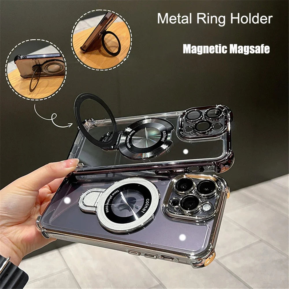 Luxury Plating Shockproof Magnetic Bracket for Magsafe Clear Case for iPhone With Holder Stand Cover - (KR1007)