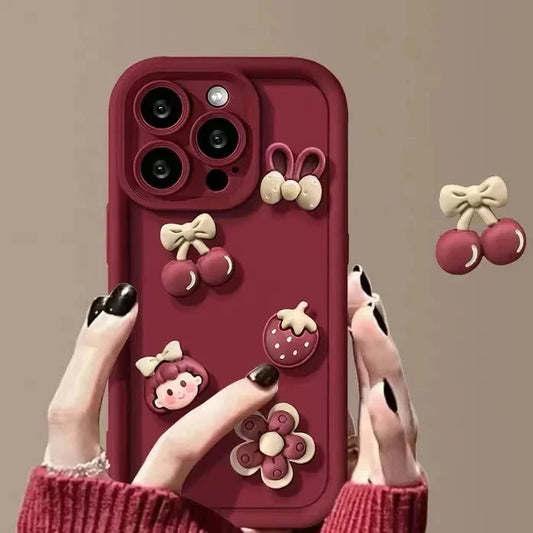 Funda de teléfono con diseño de cerezas y flores de caramelo para iPhone 16, 15, 14, 13, 12, 11 Pro Max Plus, bonita funda de silicona suave otoñal