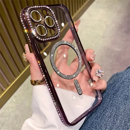 2024 New Fashion Glitter Diamond Transparent Case For iPhone 16 15 14 Plus Pro Max Magnetic Wireless Charge Back Cover - (KR1001)