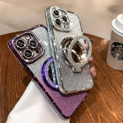 Luxury Diamond Clear Glitter MagSafe Case for iPhone 16, 15, 14, 13, 12 Pro Max – Mirror Magnetic Holder Stand - (SN1003)