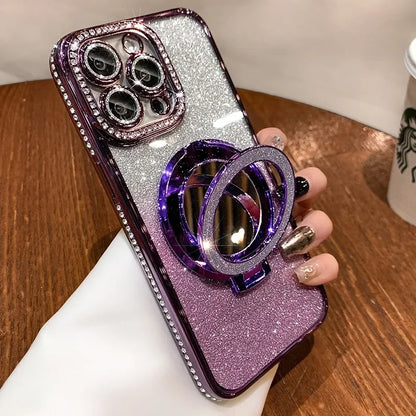 Luxury Diamond Clear Glitter MagSafe Case for iPhone 16, 15, 14, 13, 12 Pro Max – Mirror Magnetic Holder Stand - (SN1003)