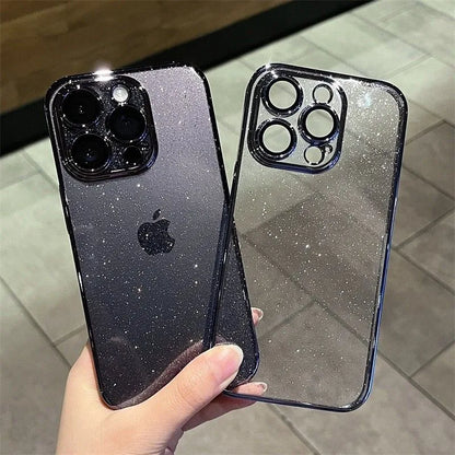 Funda de lujo galvanizada con purpurina para iPhone: carcasa trasera rígida transparente y a prueba de golpes para iPhone 16, 15, 14, 13, 12