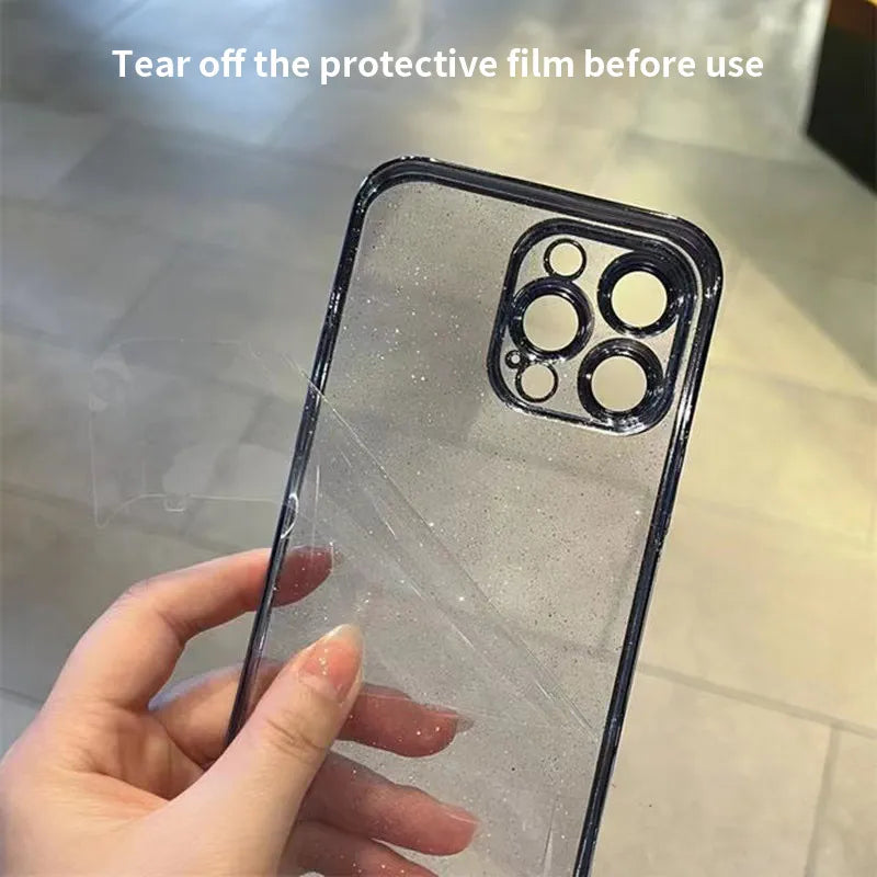 Funda de lujo galvanizada con purpurina para iPhone: carcasa trasera rígida transparente y a prueba de golpes para iPhone 16, 15, 14, 13, 12