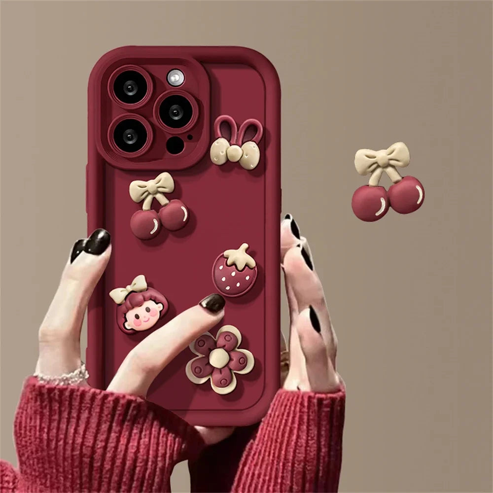 Cherry Girl Flower Candy Phone Case For iPhone 16 15 14 13 12 11 Pro Max Plus Cute Autumn Soft Silicone Case - (SN1008)