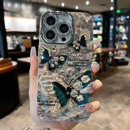 Funda de lujo para iPhone con diseño de mariposa y flores en color negro y láser