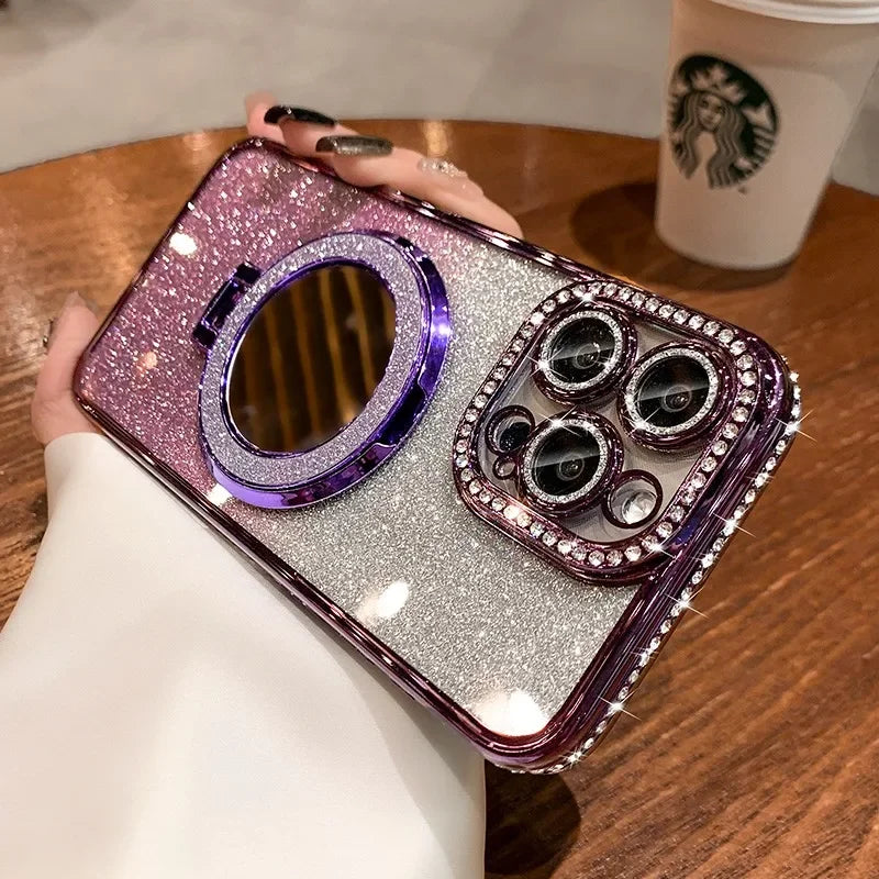 Luxury Diamond Clear Glitter MagSafe Case for iPhone 16, 15, 14, 13, 12 Pro Max – Mirror Magnetic Holder Stand - (SN1003)