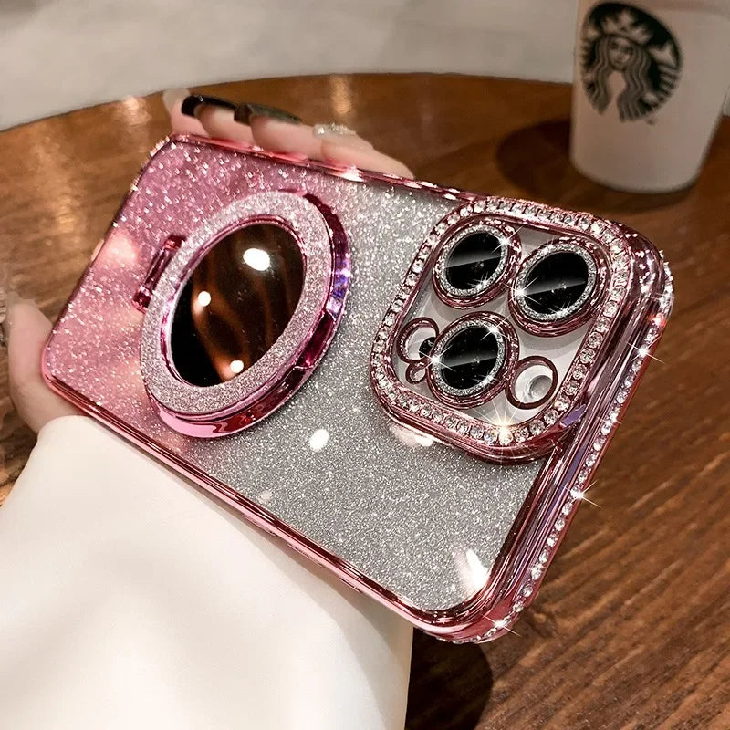 Luxury Diamond Clear Glitter MagSafe Case for iPhone 16, 15, 14, 13, 12 Pro Max – Mirror Magnetic Holder Stand - (SN1003)