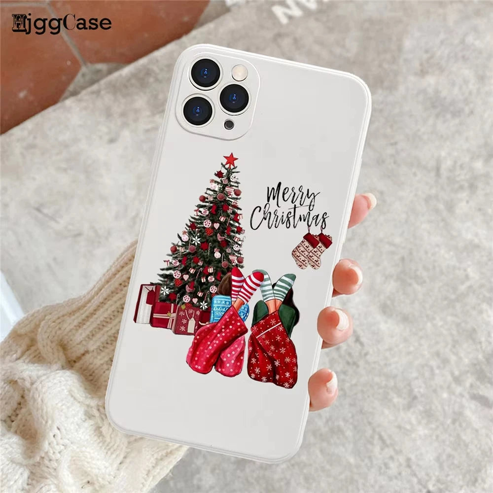 Merry Christmas White Soft Phone Case For iPhone 11 12 13 14 Pro Max XR XS 12mini 8 7 Plus Santa Claus Christmas Tree Elk Cover