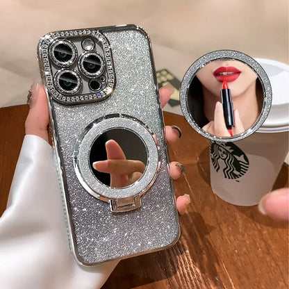 Luxury Diamond Clear Glitter MagSafe Case for iPhone 16, 15, 14, 13, 12 Pro Max – Mirror Magnetic Holder Stand - (SN1003)