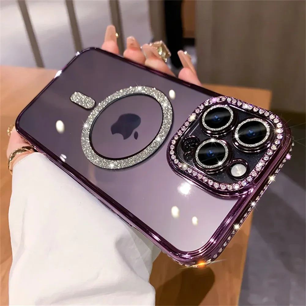 2024 New Fashion Glitter Diamond Transparent Case For iPhone 16 15 14 Plus Pro Max Magnetic Wireless Charge Back Cover - (KR1001)