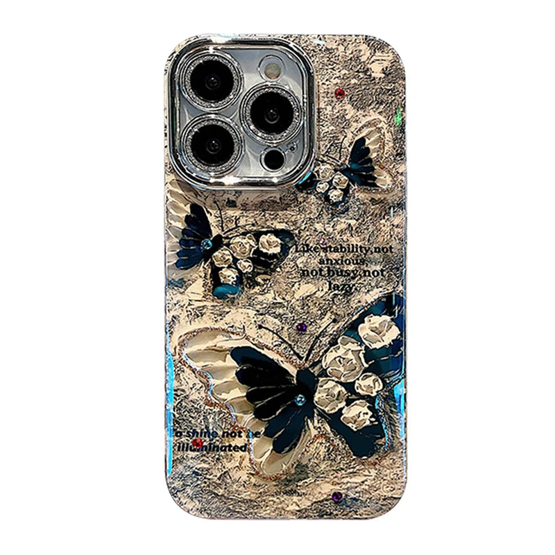 Funda de lujo para iPhone con diseño de mariposa y flores en color negro y láser