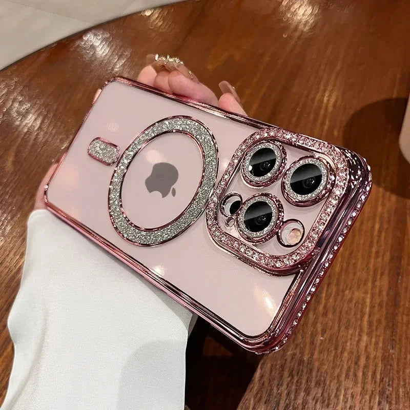 2024 New Fashion Glitter Diamond Transparent Case For iPhone 16 15 14 Plus Pro Max Magnetic Wireless Charge Back Cover - (KR1001)