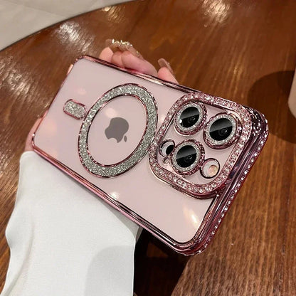 2024 New Fashion Glitter Diamond Transparent Case For iPhone 16 15 14 Plus Pro Max Magnetic Wireless Charge Back Cover - (KR1001)