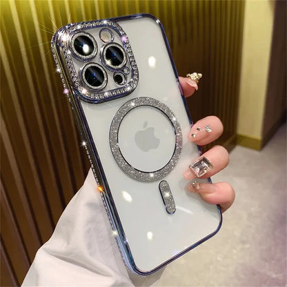 2024 New Fashion Glitter Diamond Transparent Case For iPhone 16 15 14 Plus Pro Max Magnetic Wireless Charge Back Cover - (KR1001)